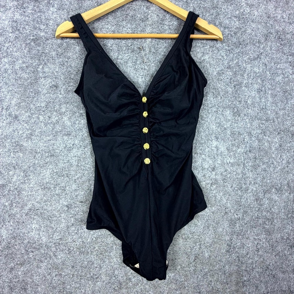Vintage Longitude One Piece Swimsuit Womens 14T Black Ruched Button Front Retro